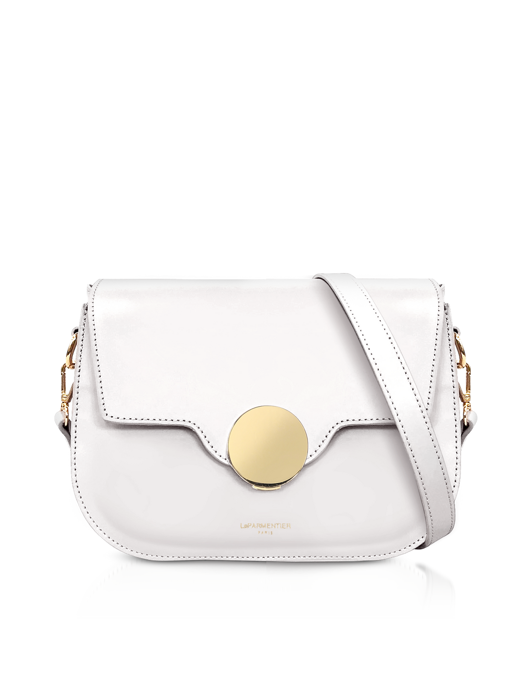 Elegant white leather handbag with gold accent and adjustable strap