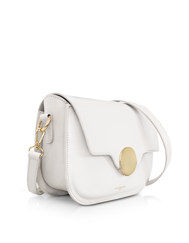 Elegant white leather handbag with gold clasp and adjustable strap