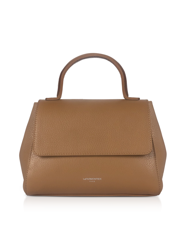 Tan leather handbag with top handle and front flap closure