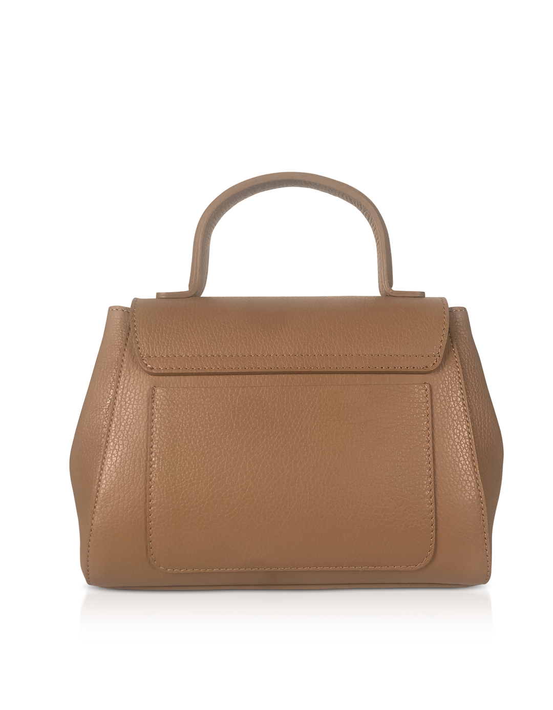 Tan leather handbag with top handle and minimalist design