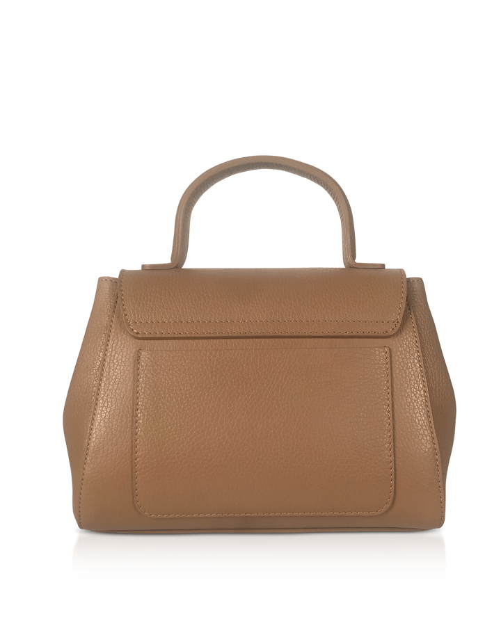 Tan leather handbag with top handle and minimalist design