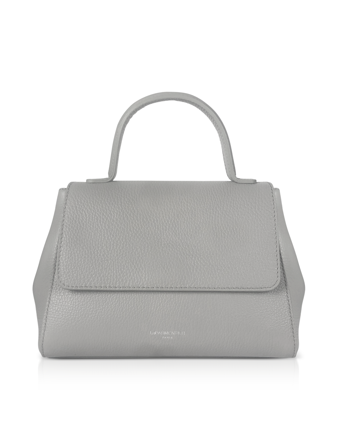 Gray leather handbag with top handle and flap closure