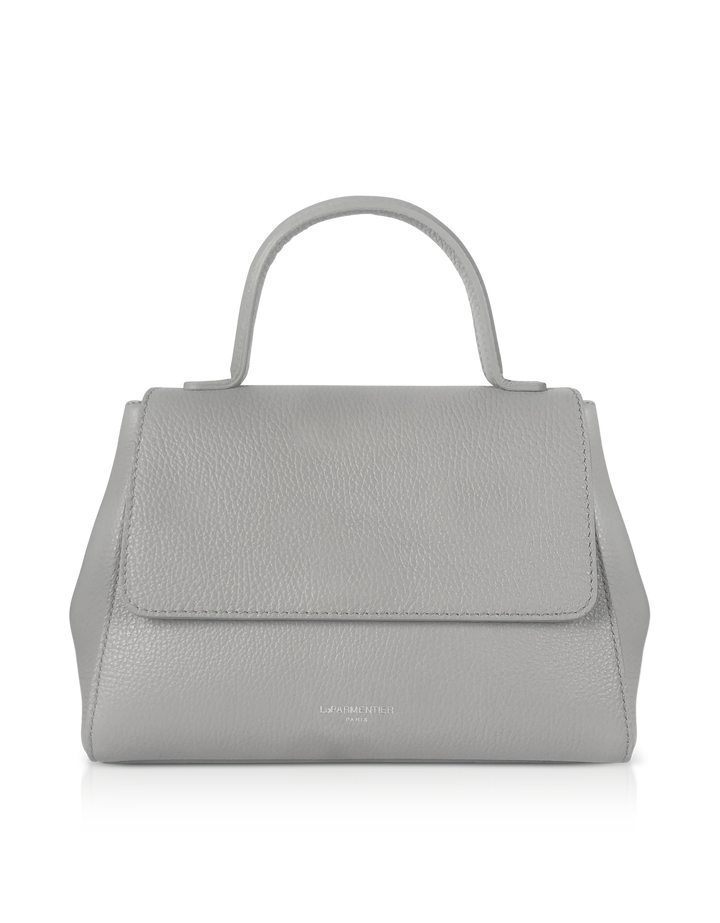 Gray leather handbag with top handle and flap closure