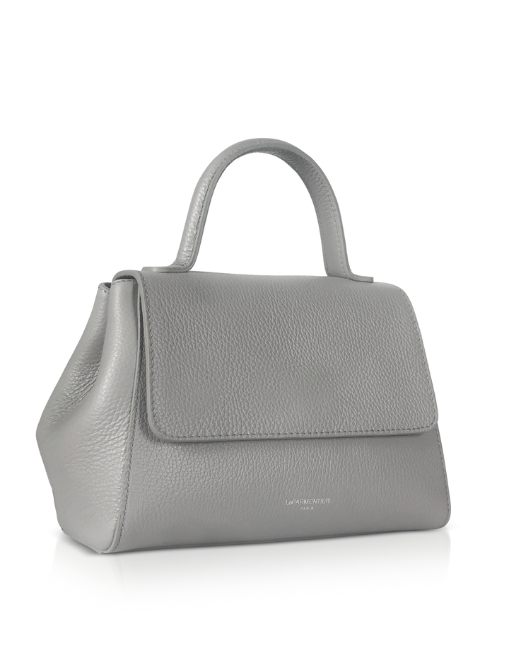 Elegant gray leather handbag with top handle and fold-over flap design