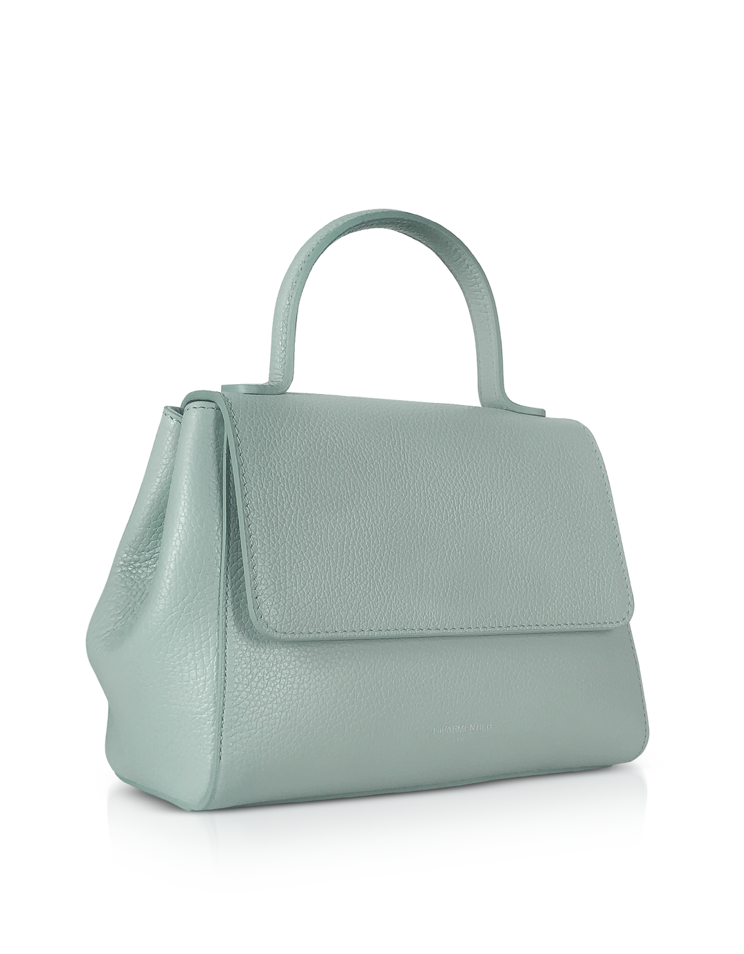 Light green leather handbag with top handles and a structured design