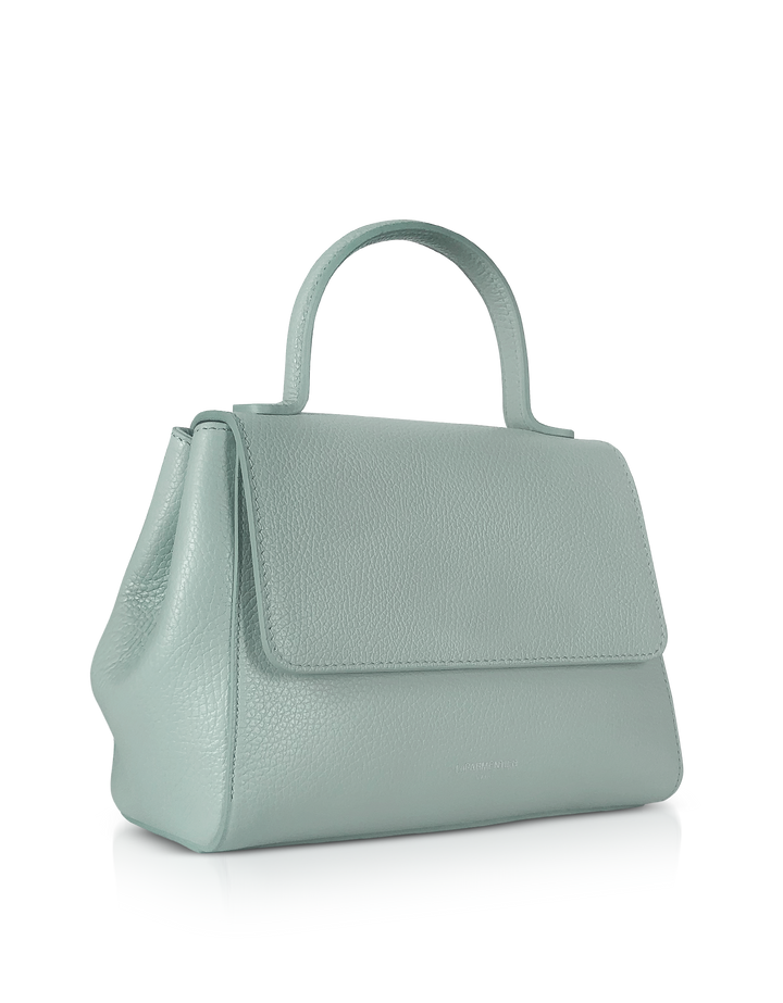 Light green leather handbag with top handles and a structured design