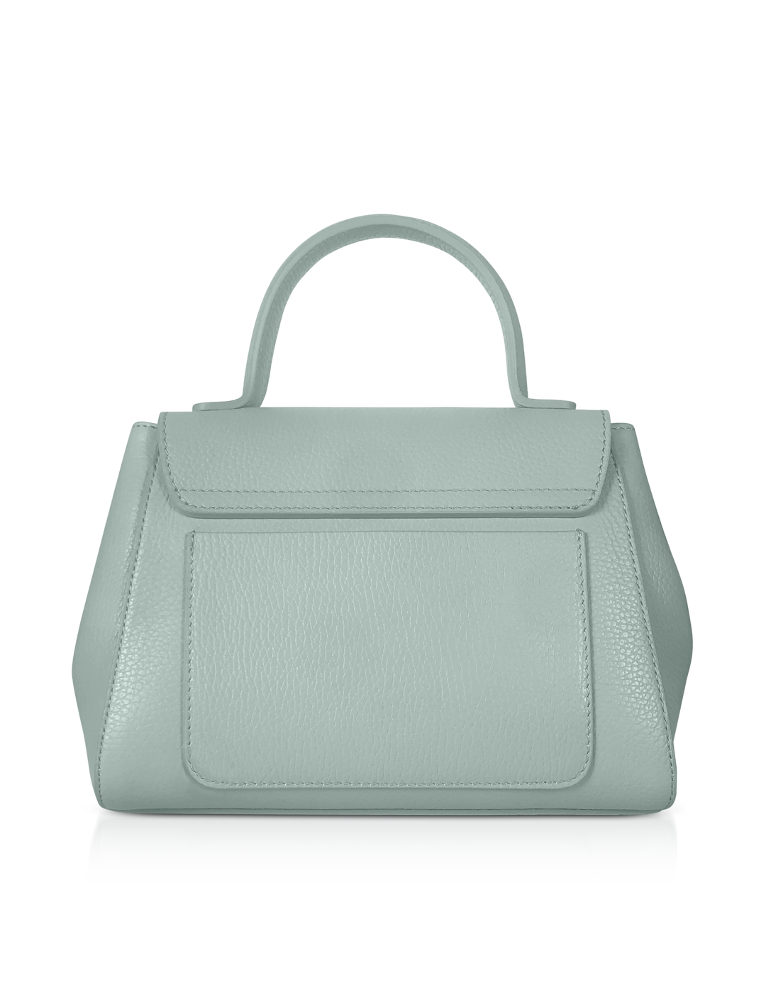 Light green leather handbag with top handle on a reflective surface