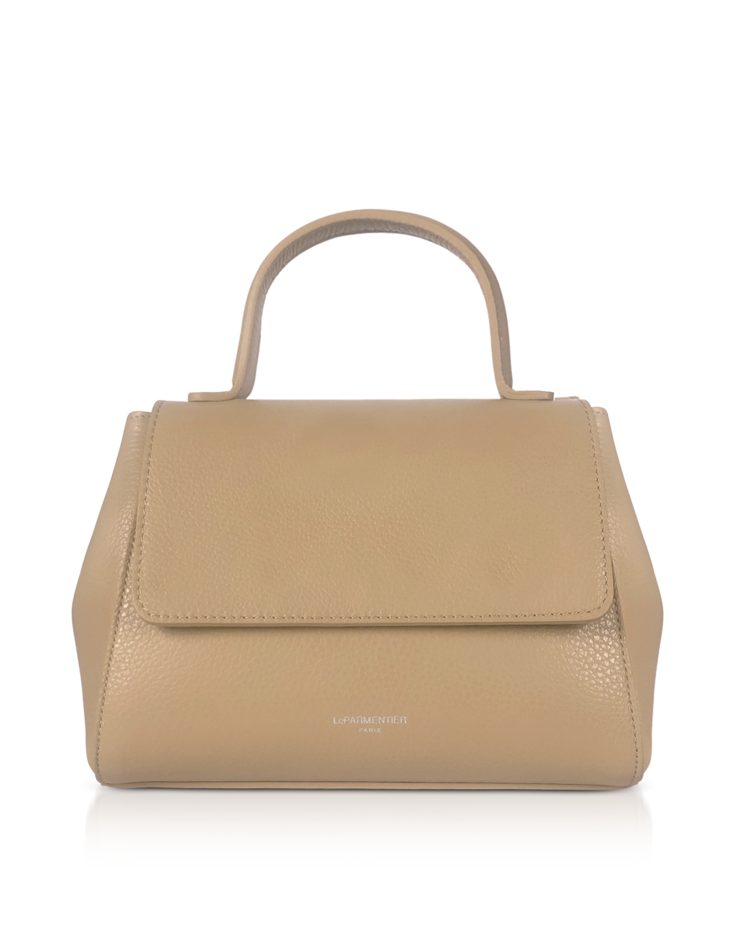 Beige leather handbag with top handle and flap closure