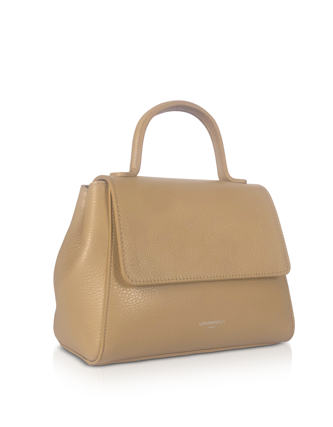 Beige leather handbag with top handle and flap closure