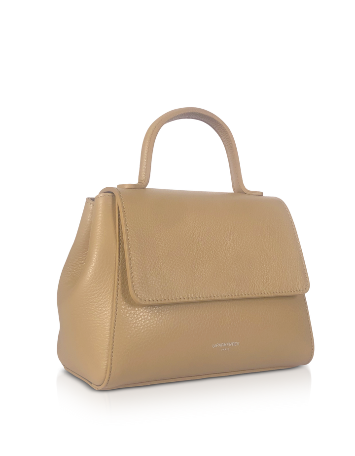 Beige leather handbag with top handle and flap closure