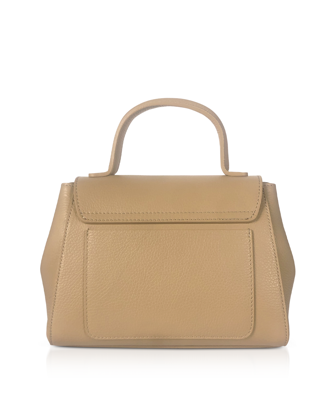 Beige leather handbag with top handle and front pocket