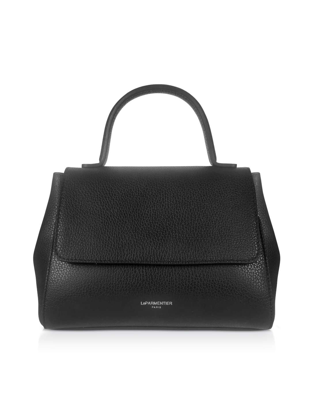 Elegant black leather handbag with top handle and flap closure