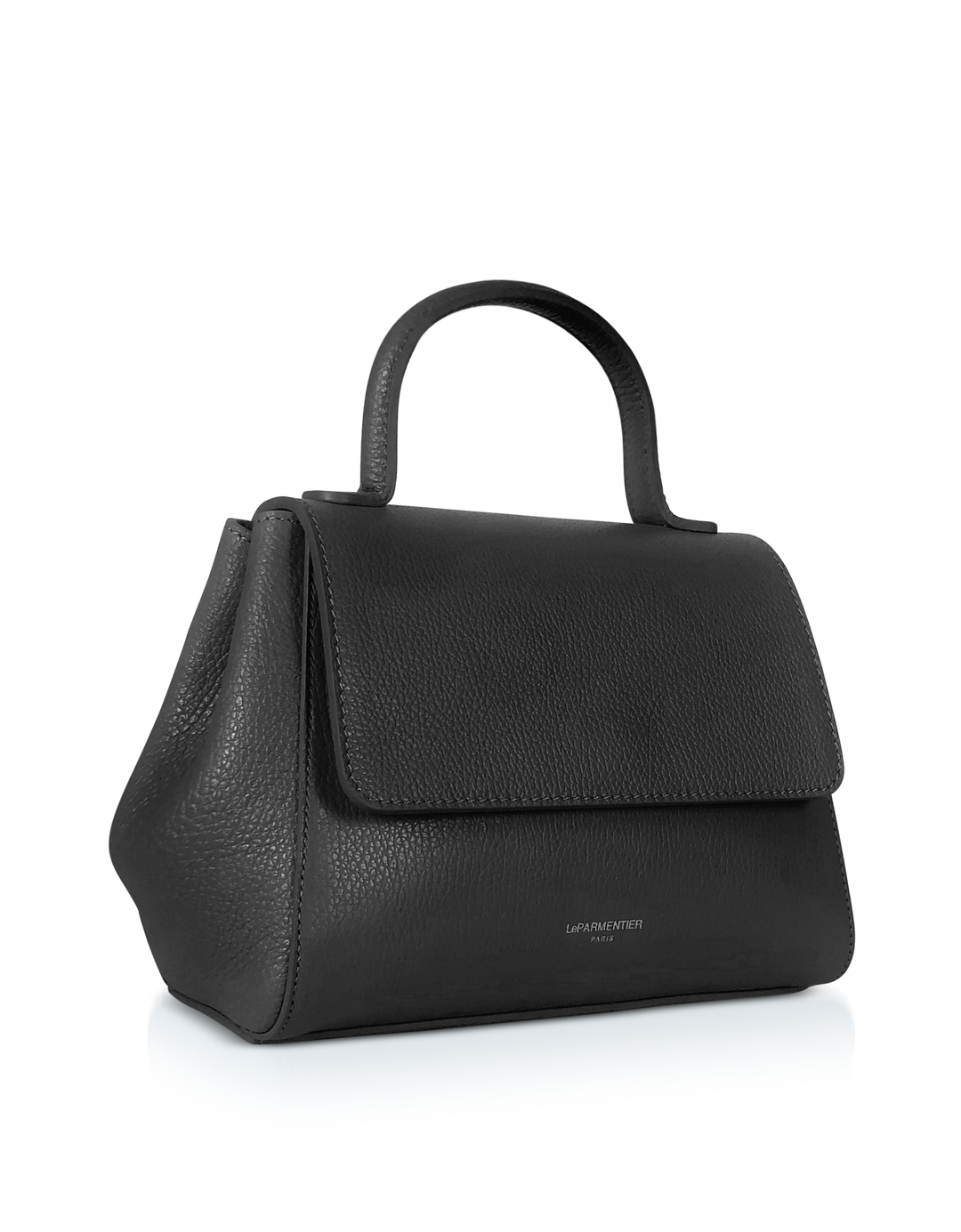 Black leather handbag with top handle on a white background