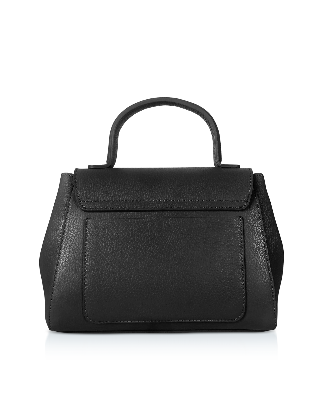 Black leather handbag with handle and blue bottom detail