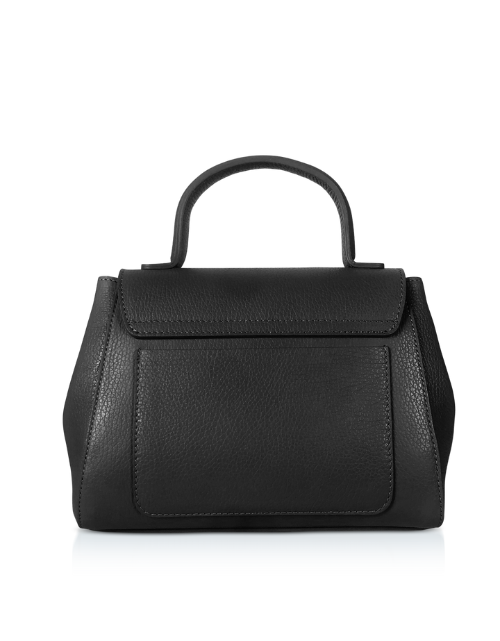 Black leather handbag with handle and blue bottom detail