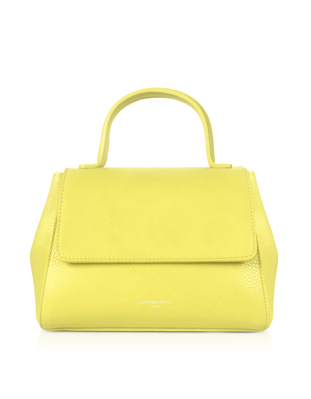 Yellow leather handbag with top handle and flap closure