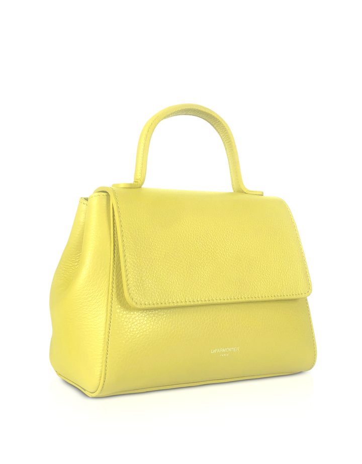 Yellow leather handbag with top handle and flap closure