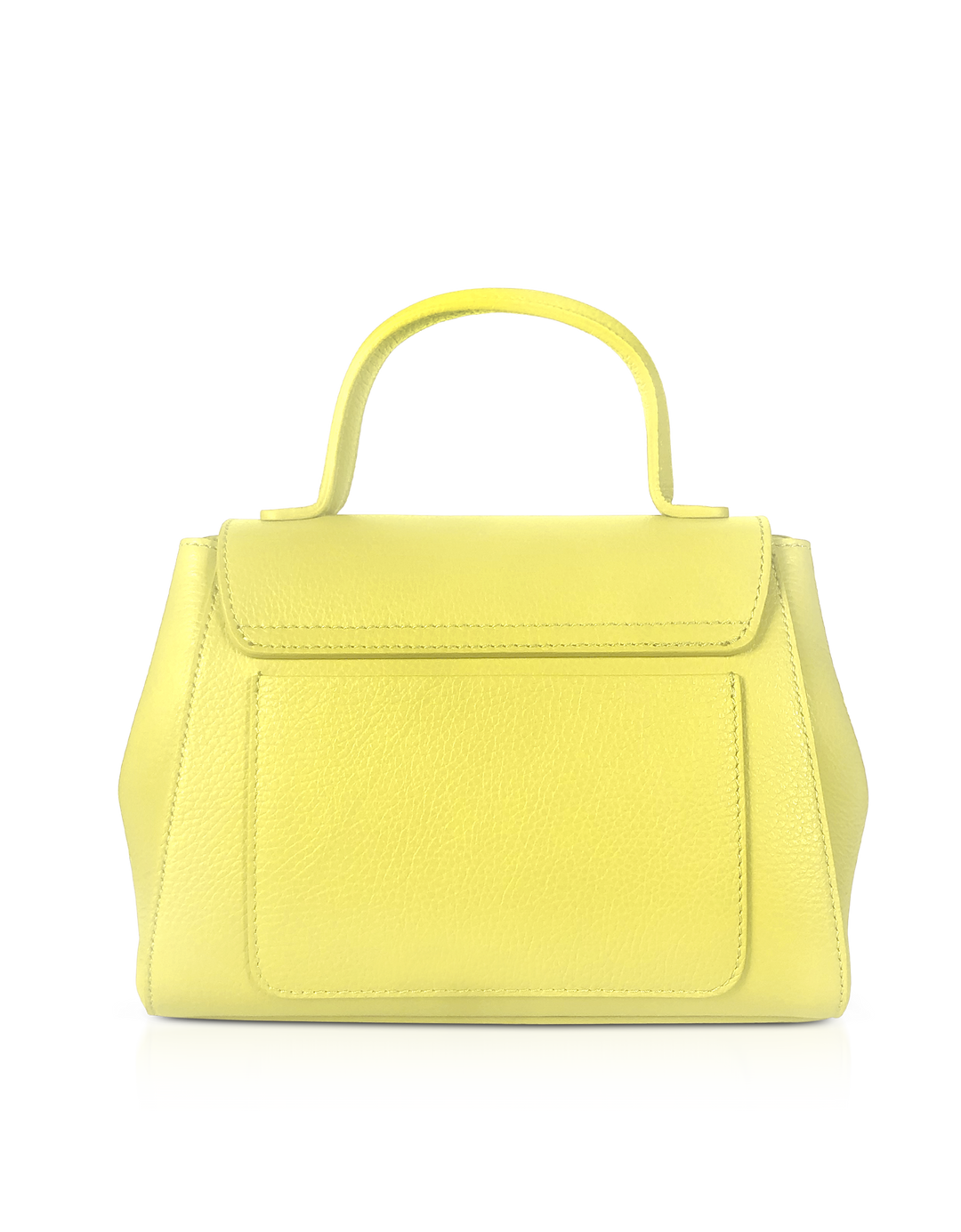 Yellow leather handbag with a top handle on a reflective surface