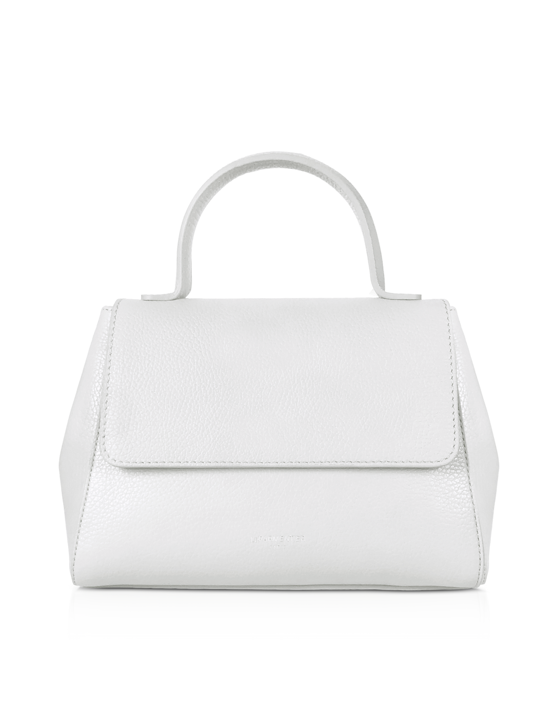 Elegant white leather handbag with top handle on white background