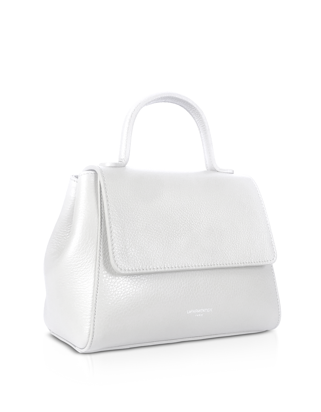 Luxurious white leather handbag with a top handle and structured design