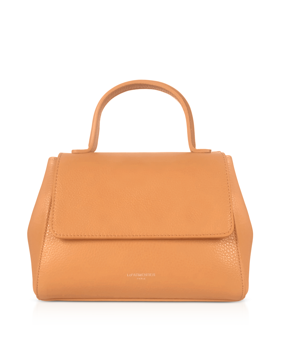 Light brown leather handbag with top handle against orange background