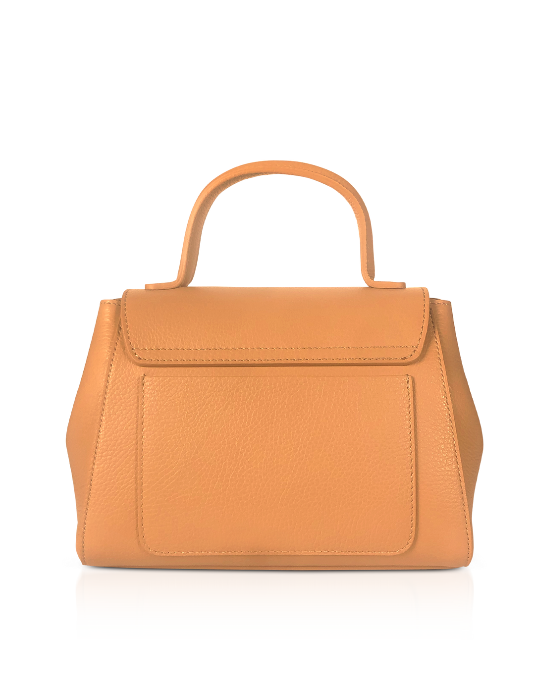 Tan leather handbag with top handle and front pocket