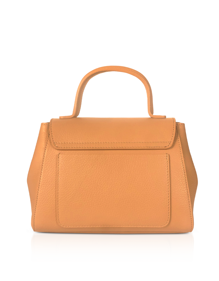 Tan leather handbag with top handle and front pocket