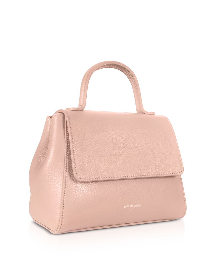 Light pink leather handbag with top handle and flap closure