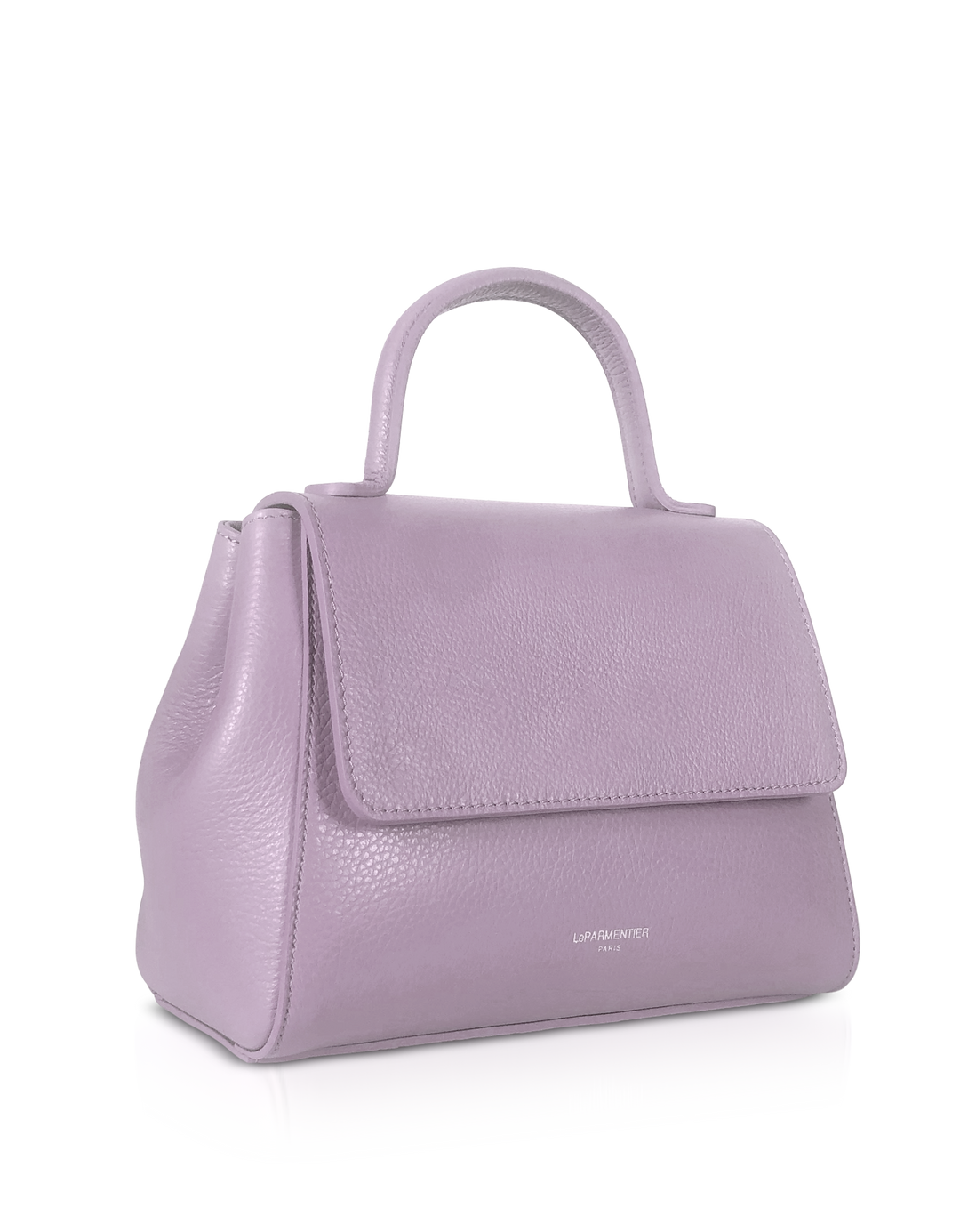 Lavender leather handbag with top handle and flap closure on white background