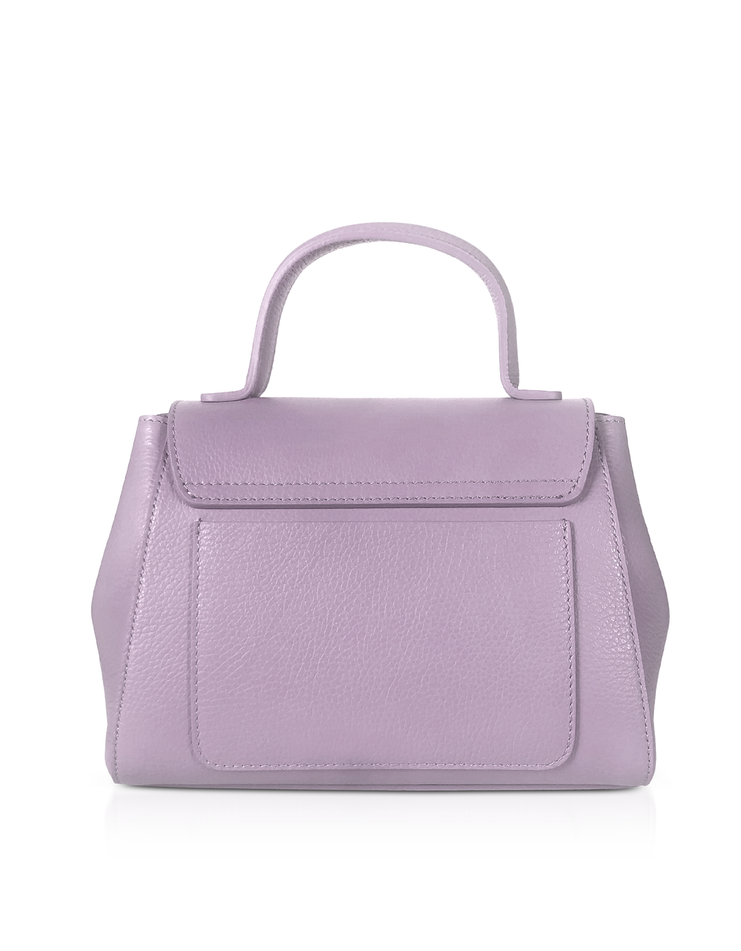 Light purple leather handbag with top handle and front pocket