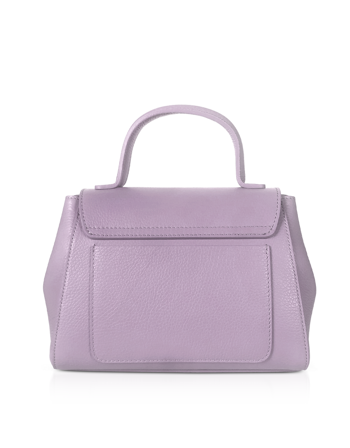 Light purple leather handbag with top handle and front pocket