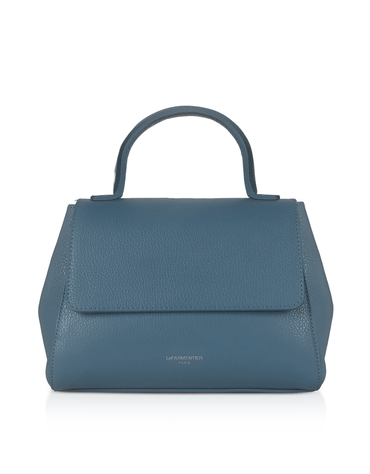 Blue leather handbag with top handle and front flap closure