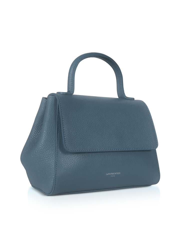 Blue leather handbag with top handle and flap closure