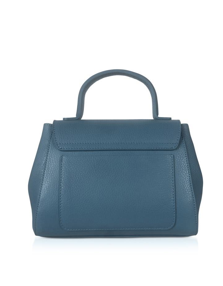 Blue leather handbag with a top handle on a white background