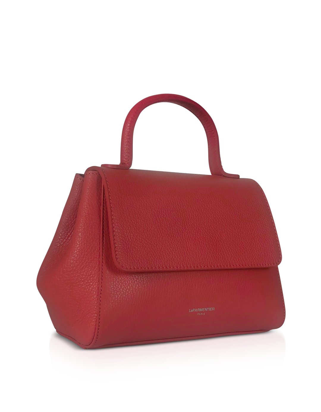 Red leather handbag with top handle on white background