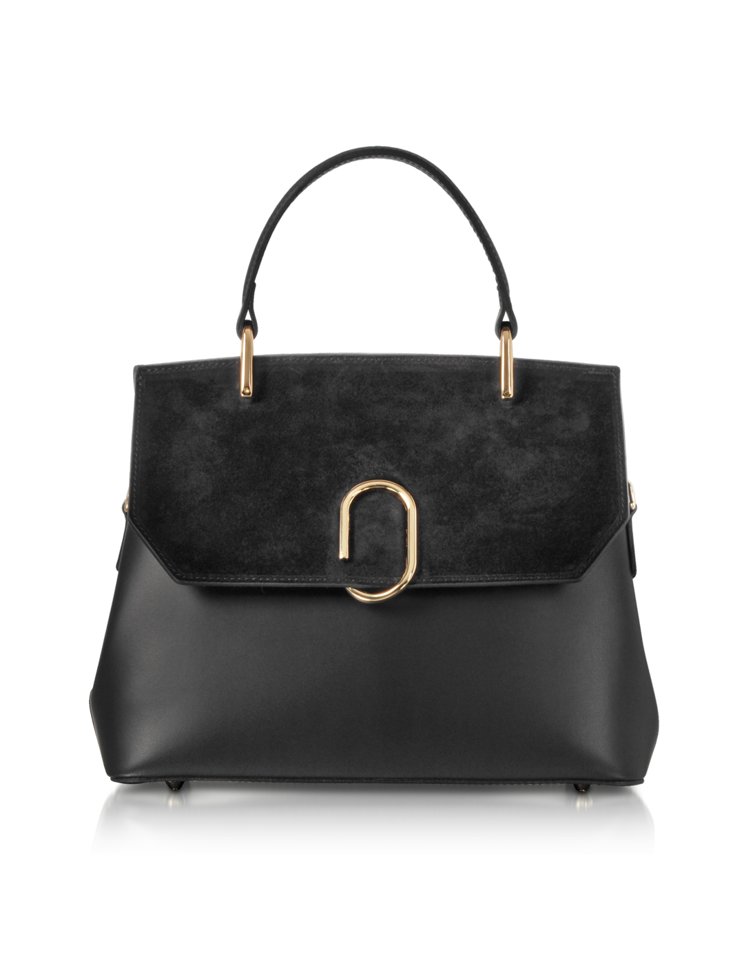 Elegant black leather handbag with gold hardware and top handle