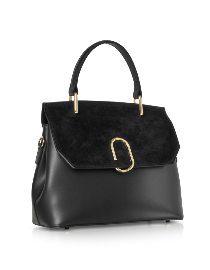 Black leather handbag with gold accents and a top handle