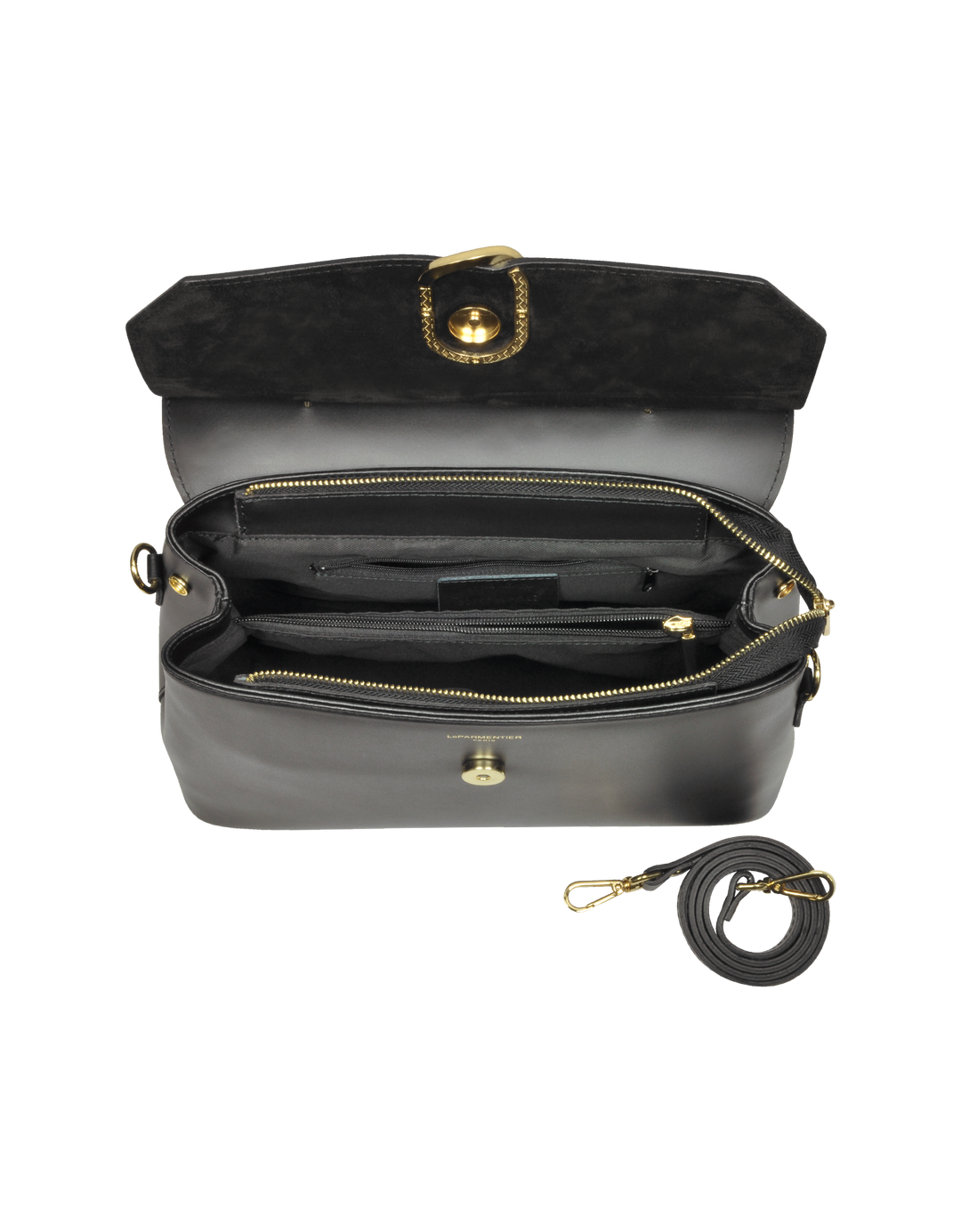 Open black leather handbag with internal compartments and detachable strap