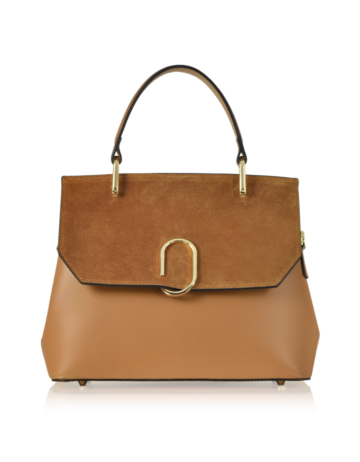 Luxury brown leather handbag with gold hardware and top handle
