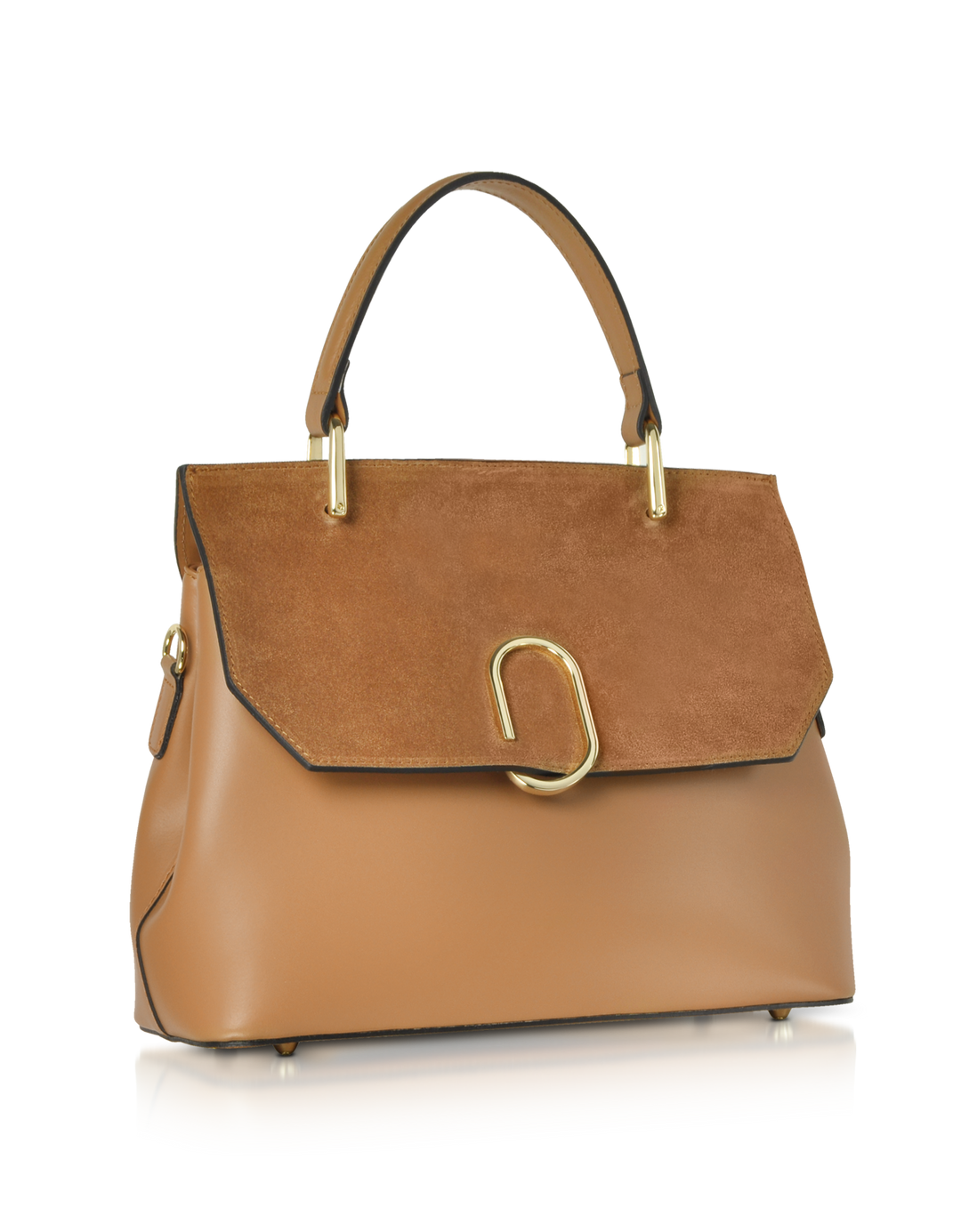 Elegant tan leather handbag with gold hardware and suede flap