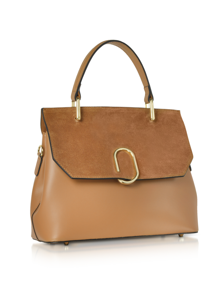 Elegant tan leather handbag with gold hardware and suede flap