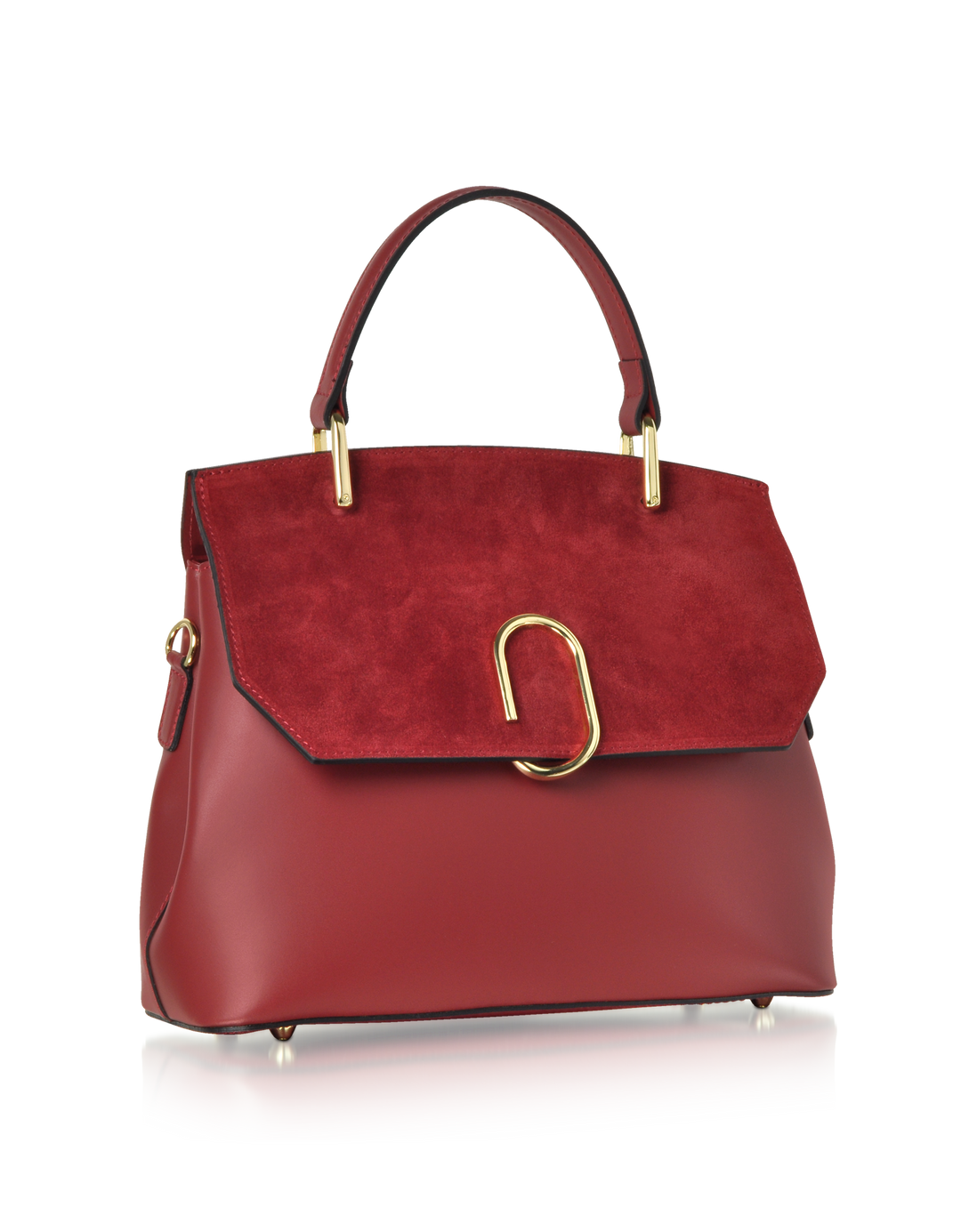 Elegant red leather handbag with gold accents and suede flap