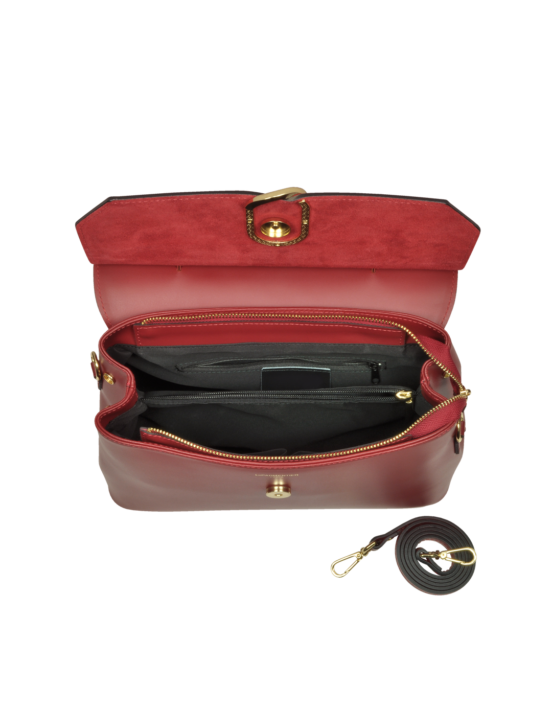Red leather handbag with open top showing multiple compartments and detachable strap