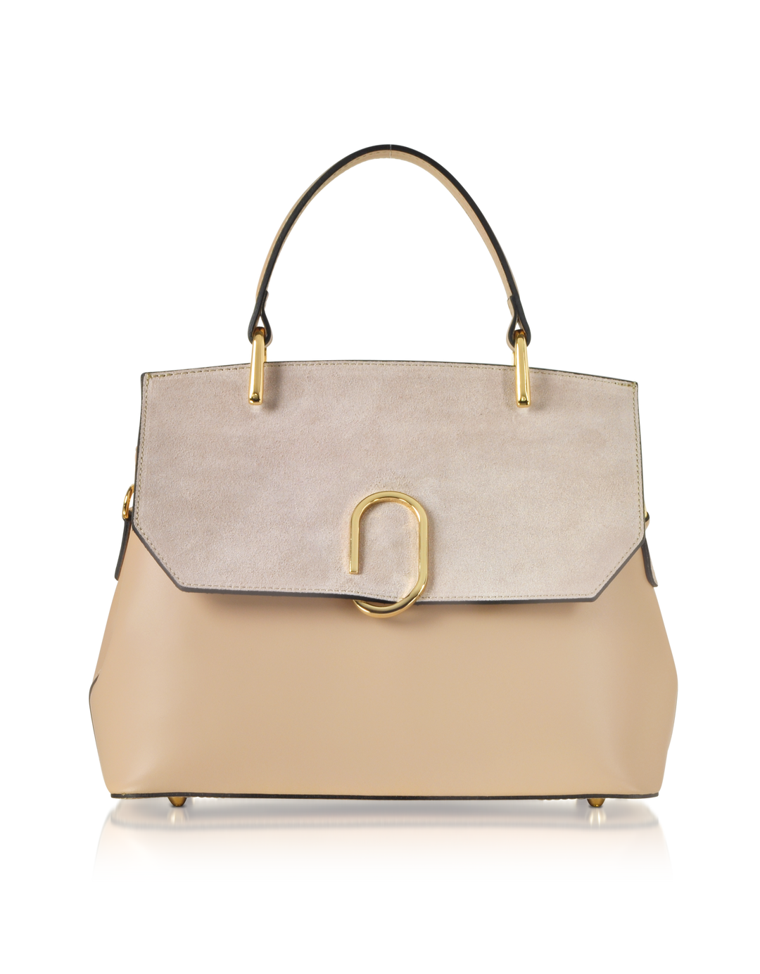 Tan and beige designer handbag with gold accents and top handle