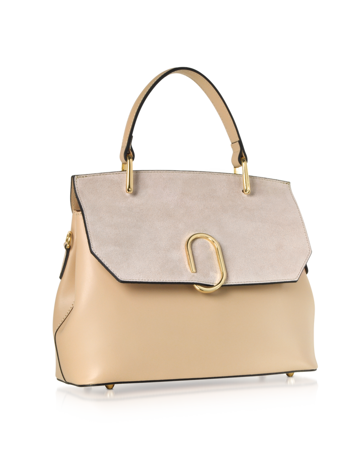Beige leather handbag with gold hardware and top handle