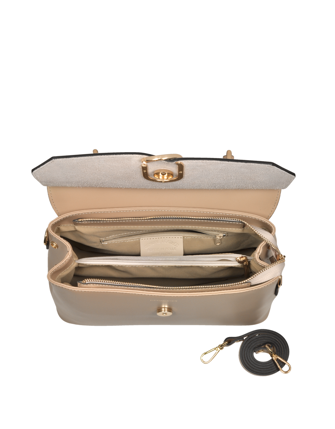 Open beige leather handbag showing multiple compartments and detachable strap