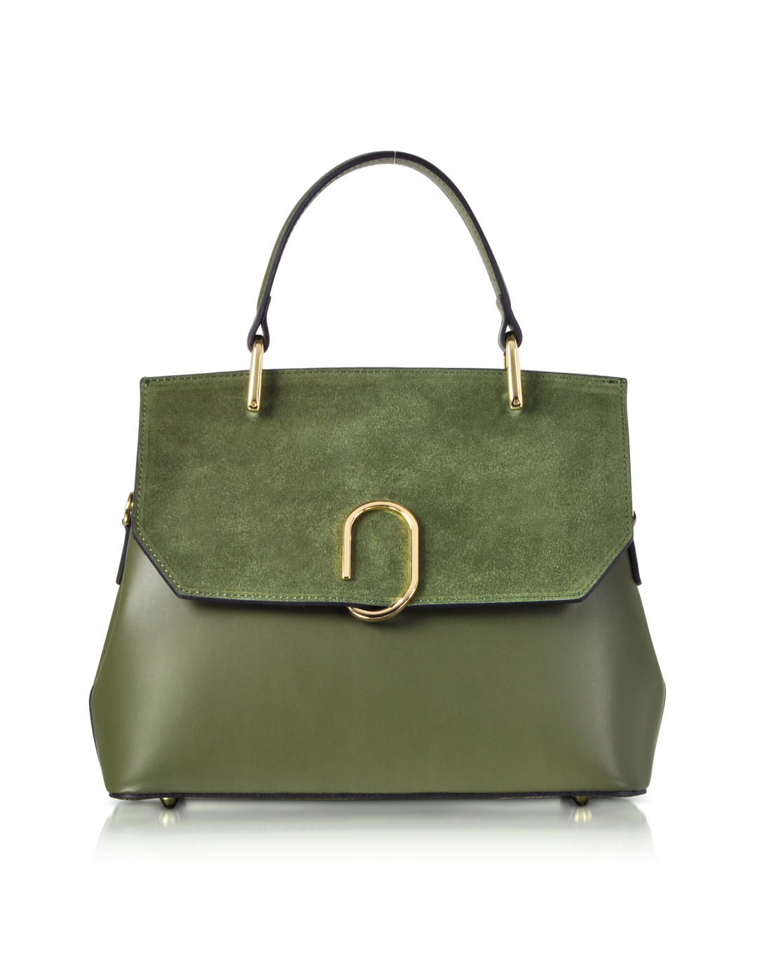 Green designer handbag with gold accents and black handle on white background