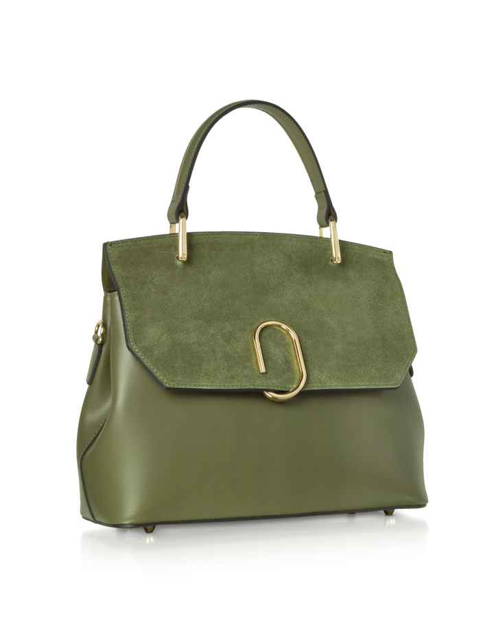 Olive green leather handbag with suede flap and gold hardware