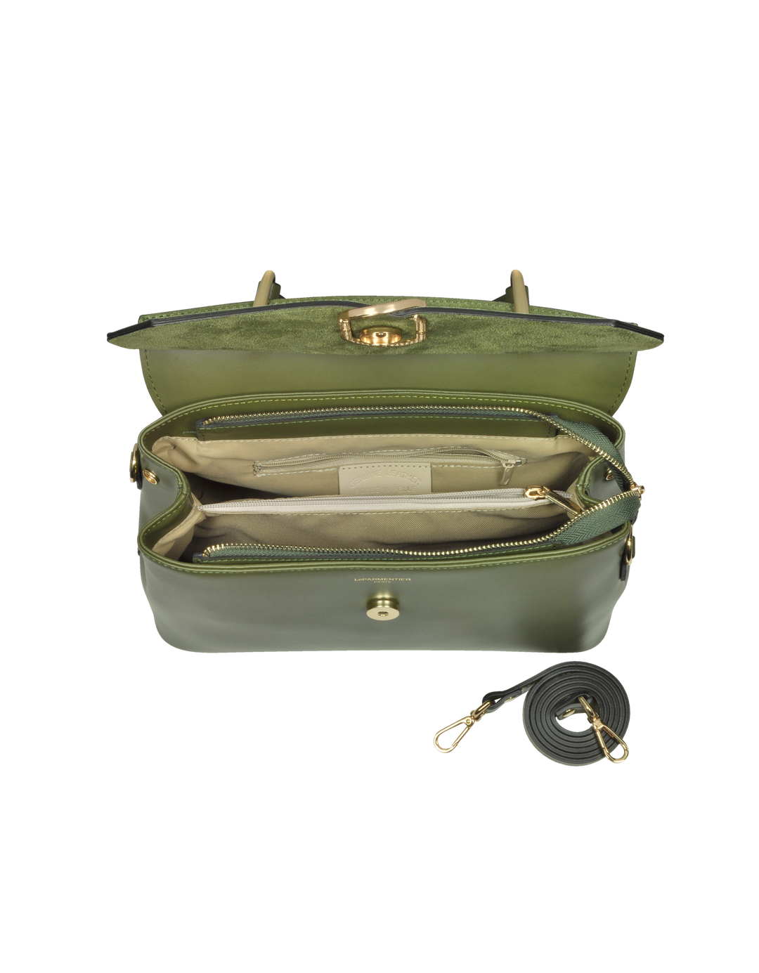 Open green leather handbag with compartments and detachable strap