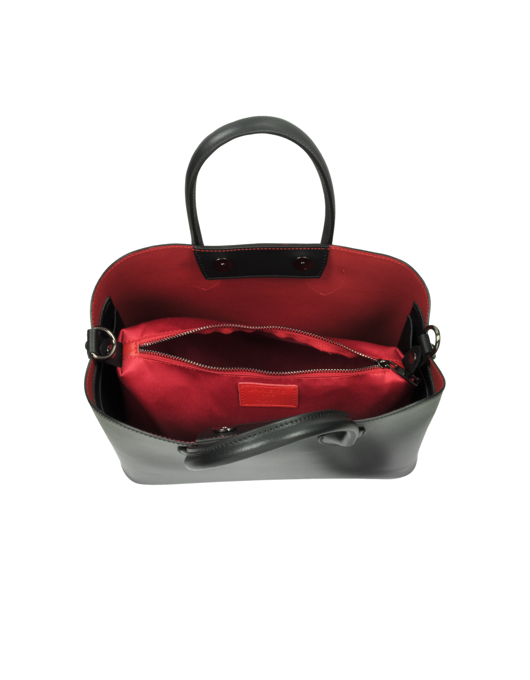 Black leather handbag with red interior and open top view showing inner zippered pocket